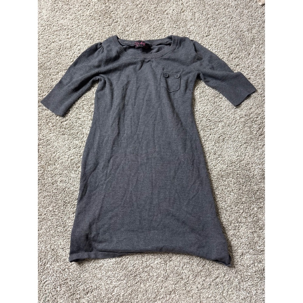 Take Out Charcoal Gray Knit Sweater Dress Short Sleeve Crew Neck Pocket Small